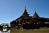 Inle Lake Myanmar. All the buildings are constructed on piles. Residents travel around by canoe, but there are also bamboo walkways and bridges over the canals, monasteries and stupas. 